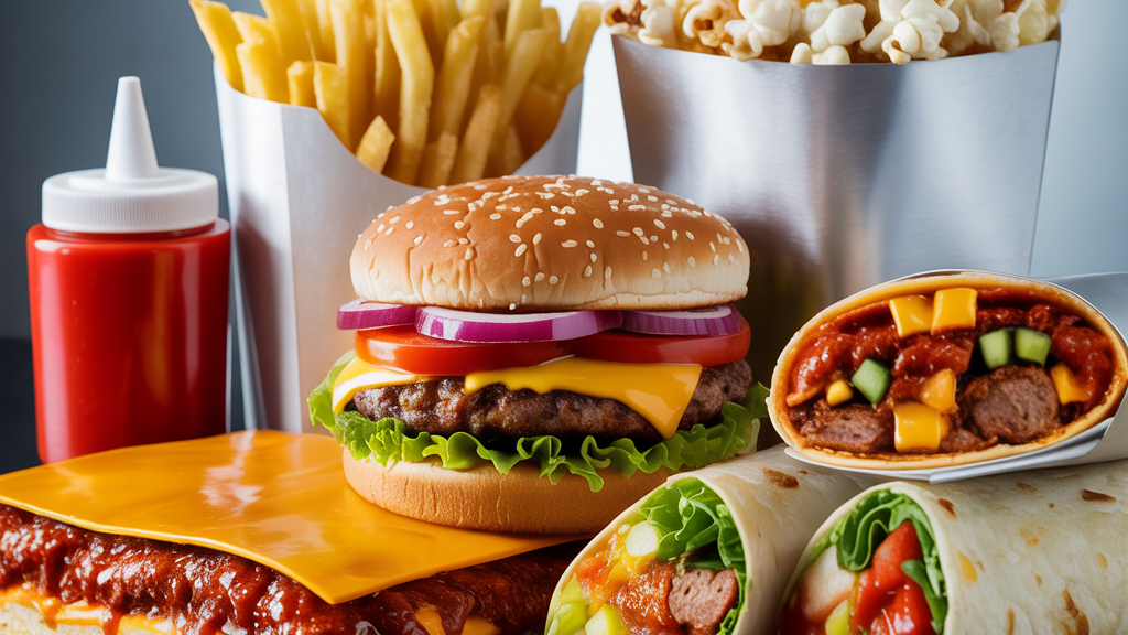 Assortment of fast food items arranged on a dark background, including crispy fried chicken, golden French fries, buttered popcorn, two wrapped burritos with fresh vegetables and meat, a cheeseburger with lettuce, tomato, onion, and cheese in a sesame seed bun, a container of ketchup, and a cheesy lasagna slice layered with meat sauce.