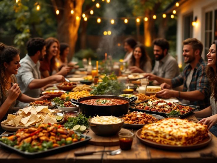 A group of friends enjoying a lively outdoor dinner party around a wooden table filled with a variety of delicious dishes, including lasagna, tortilla chips, salsa, grilled vegetables, and a large pot of stew. Warm string lights hang above, creating a cozy and festive atmosphere as everyone smiles and engages in conversation.
